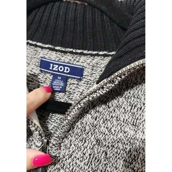Izod Boys Quarter Zip Sweater Sz M 10 / 12 Black Ivory Preppy Schoolboy Speckled - Picture 3 of 12